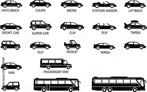Car body types silhouette icons set, different automobile models including micro car, SUV, pickup, van, bus, vector illustration
