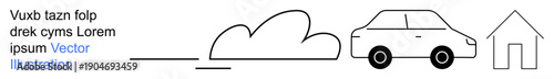Transportation, travel, urban living, sustainability, logistics, commuting. A car, cloud and house in minimalist black and white design. Transportation and travel concept