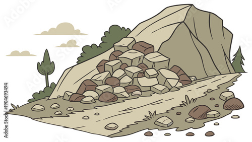 A simple illustration of a rockslide blocking a narrow dirt path in a mountainous area.