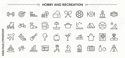 Hobby icon. Activity icon set. Collection of simple line web icons. Contains such icons as fishing, sport, gardening, cooking, cycling, travel and more. Editable stroke.