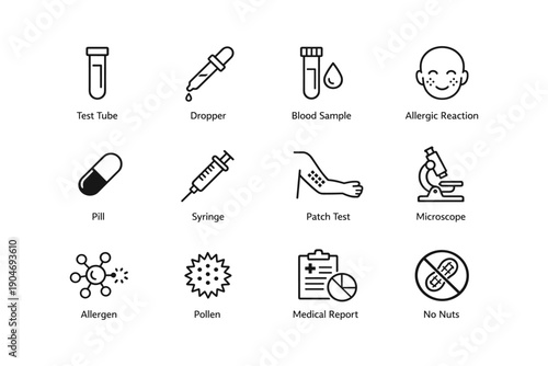 Allergy testing icons: medical equipment and procedures in simple line art