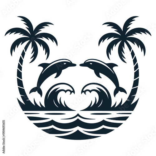 Dolphin jump vector logo illustration with palm trees and ocean waves in black silhouette style for beach resort branding or summer travel designs isolated on white background art