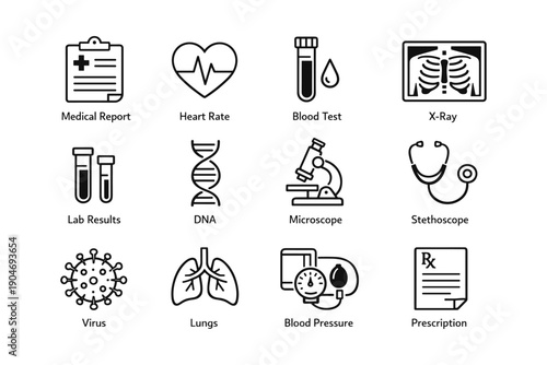 Set of medical icons: report, heart, blood, x-ray, lab, dna, microscope, stethoscope, virus, lungs
