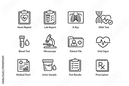 Medical icons set: heart report, lab report, x-ray, dna test, blood test, microscopes