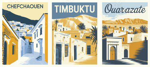 Three retro-style art deco travel posters featuring Chefchaouen, Timbuktu, and Ouarzate, with stylized architecture, desert landscapes, and a limited palette of blue, yellow, and white.