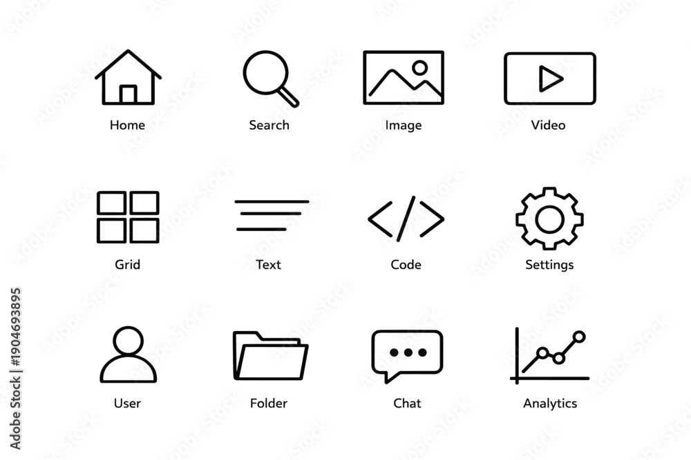 Fototapeta premium Minimalist icon set: home search image video grid text code settings user folder chat analytics