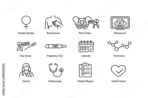 Women's health symbols: exams, tests, doctor, and medical icons