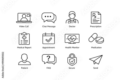 Healthcare and communication icons: video call, doctor, prescription, appointment, secure messaging