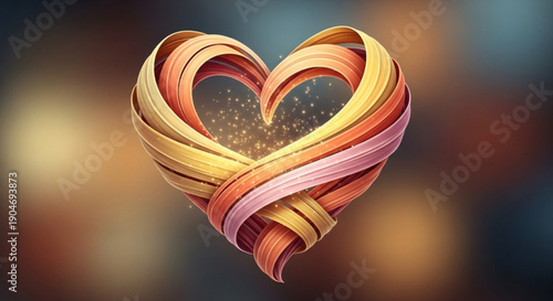 Vibrant heart shape made of swirling ribbons in shades of orange pink and yellow on a blurred colorful background with warm lighting and a romantic atmosphere