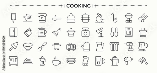 Cooking related icon set. Minimalist linear icons. Contains outline symbols like restaurant, bake, food, cook, kitchen. Editable vector stroke. Recipe line icon set.