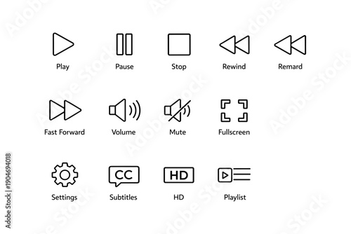 Media control icons set: play, pause, rewind, fast forward, volume, mute, fullscreen, settings