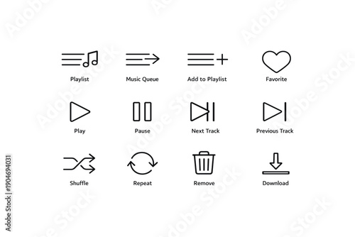 Music player icons set: playlist, play, pause, next, previous, shuffle, repeat