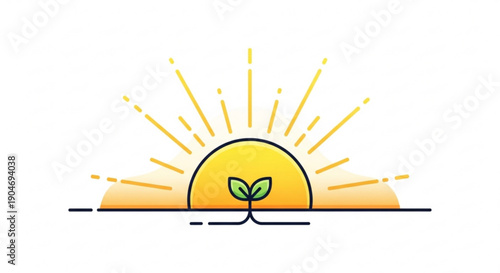 A small green plant sprouts from the ground at sunrise with vibrant yellow rays