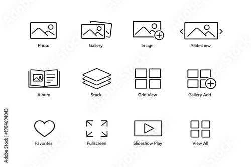 Set of 12 minimalist media interface icons in black and white for digital design