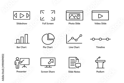 Presentation icons set: slideshow, charts, video slide, and tools