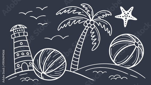 Summer beach vacation illustration with lighthouse palm tree and beach balls on chalkboard