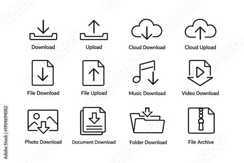 Icon set: download upload cloud file music video photo document folder archive