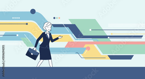 Confident business woman standing with a briefcase in a modern abstract environment with dynamic shapes and lines
