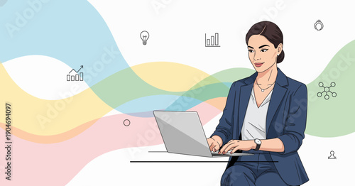 Bussines woman working on laptop in modern office environment illustration