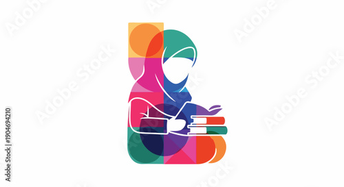 Abstract colorful vector illustration depicting a Muslim woman in a hijab reading a book, symbolizing education, knowledge, and cultural learning in a modern, vibrant style.