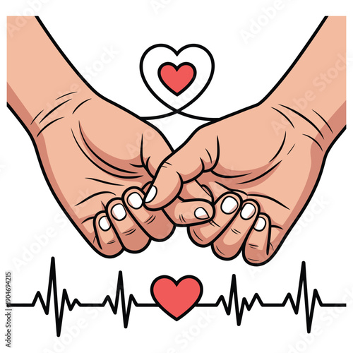 Pinky swear hands illustration with heart line and heartbeat pulse for friendship and love concept for promise day or relationship commitment flat vector art on white background design