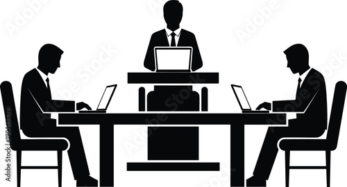 Set of professional business silhouettes working on laptops at a desk for corporate office and co-working space design