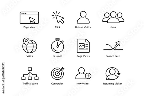 Web analytics icons: traffic, conversion, sessions, bounce rate, page views