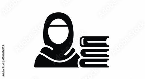 Minimalist black icon of a Muslim woman wearing a hijab next to a stack of books, representing education, learning, knowledge, and literacy.