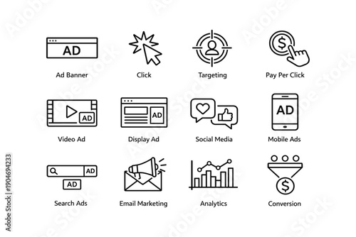 Digital advertising icons set featuring ad banner, click, targeting, and more