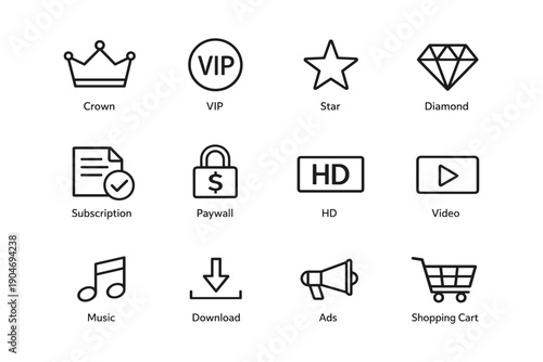 Icon set: crown, vip, star, diamond, subscription, paywall, hd, video, music, download, ads, shopping cart