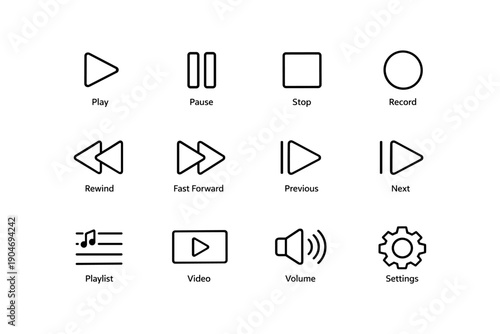 Collection of media control icons including play, pause, stop, and record