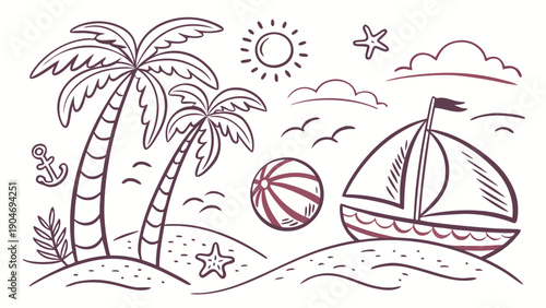 Hand-drawn sketch of a tropical beach scene with palm trees, a sailboat, and a beach ball.