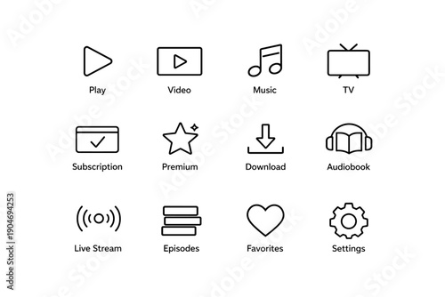 Media icons: play, video, music, tv, subscription, premium, download, audiobook, live stream, episodes, favorites, settings