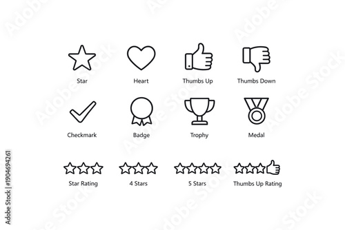Set of rating and feedback icons including stars and thumbs up symbols