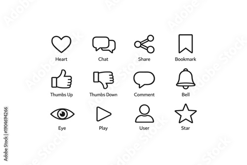 Set of social media icons: heart, chat, share, bookmark, thumbs up, thumbs down