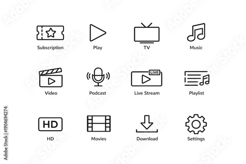 Media icons set: entertainment, streaming, and technology symbols