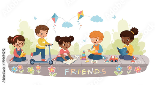 Diverse Children Enjoying Outdoor Playtime and Learning Together on a Sidewalk