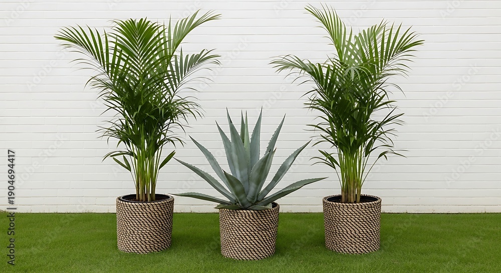 Fototapeta premium Three Potted Tropical Plants Including Two Green Palms and One Blue Agave Against White Fence