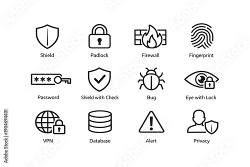 Cybersecurity icons: firewall, shield, vpn, padlock, privacy, database