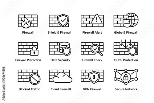 Firewall security icons: shield, alert, and protection symbols for data