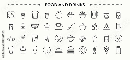 Food And Drinks line icon set. Web icons pack. Signs for web and mobile app. Breakfast simple icon set. Included cook, eat, drink, food and more.