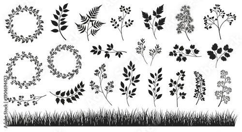 Collection of Whimsical Botanical Silhouettes Vector Illustrations and Grass Field
