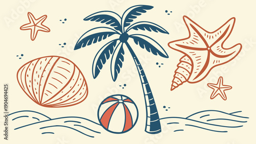 Vintage hand drawn beach illustration with palm tree starfish and seashells on sand
