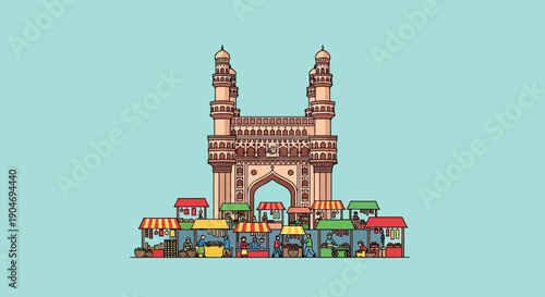 Iconic Charminar Landmark of Hyderabad, India with Street Food Stalls and Markets in a Vibrant Illustration