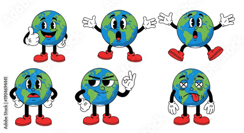 Cute Cartoon Earth Globe Characters Expressing Various Emotions and Gestures