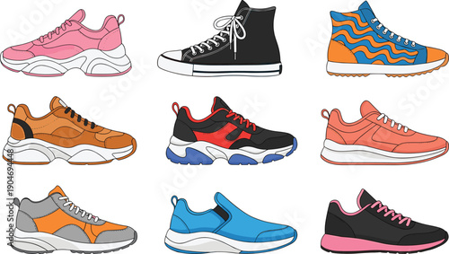 Stylish Sneakers Vector Illustration Set with Colorful Athletic Shoes for Fashion Design, Footwear Branding, Sportswear Mockups, and Retail Graphics
