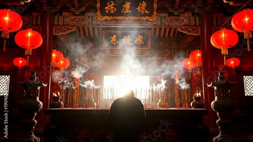 Silhouette of a person praying in a Chinese temple with red lanterns.