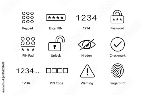 Security icons: keypad, lock, eye, warning, fingerprint symbols for digital security