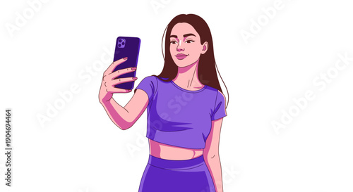 Young Woman Taking a Selfie with Her Smartphone, Illustrated in a Modern Vector Style
