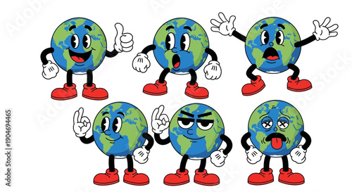 Set of Diverse Emotions of Anthropomorphic Earth Characters in Classic Cartoon Style